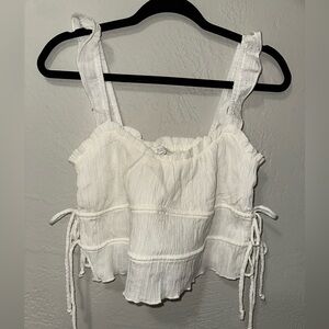 Kirious Women’s White Ruffled Scrunch Stretch Adjustable Tie Up Crop Top Shirt